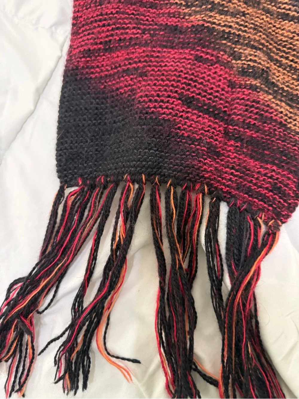 Striped Fringe Knit Scarf in Black, Red & Brown
